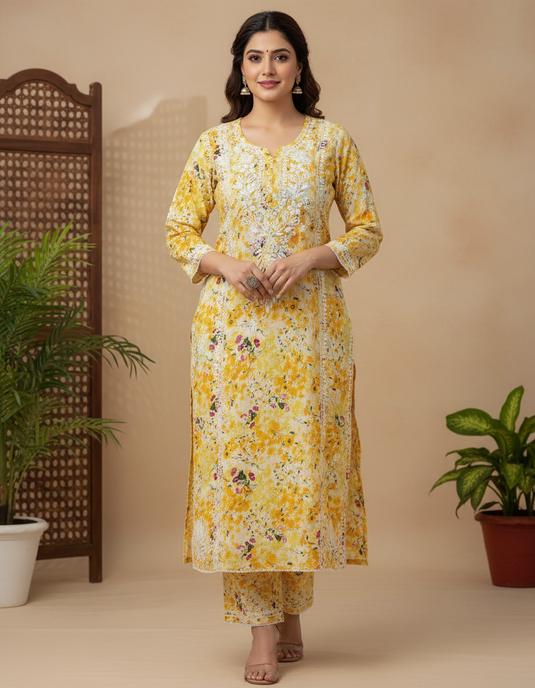 Mul pure cotton  chikankari kurti pant set Ghas patti work- similar available                  Ready to Ship