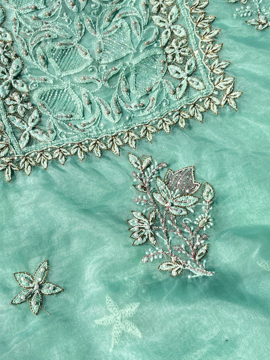 Elegant  turquoise green aari chikankari hand Embroidery Suit Ready to ship