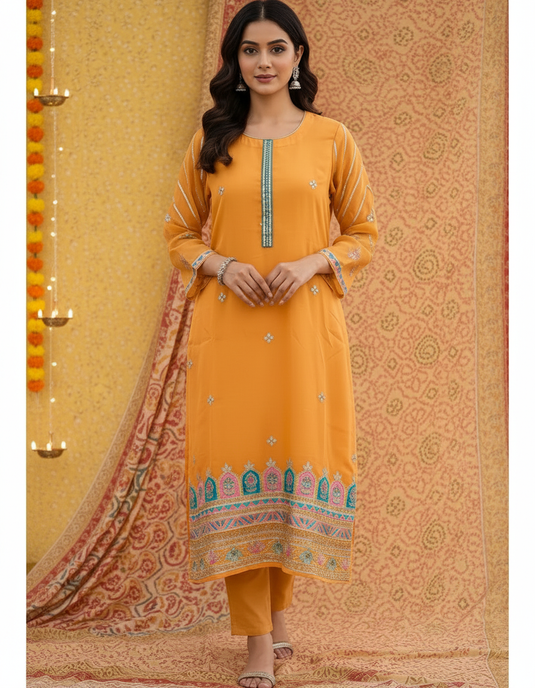 Mustard Yellow Embroidered Three-Piece Set– Haldi Look
