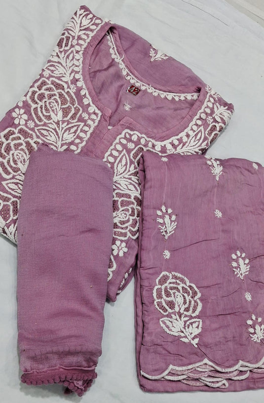 Muslin chikankari kurti plazo dupatta set : Ready to ship