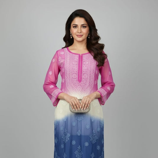 Chikankari multicolor organza long kurti  - similar available                       Ready to Ship