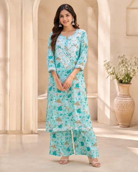 Mulmul printed chikankari Plazo set,  Similar available -  Ready to ship