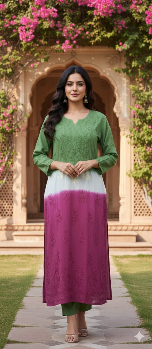 Chikankari three color mudal long kurti  - similar available                       Ready to Ship