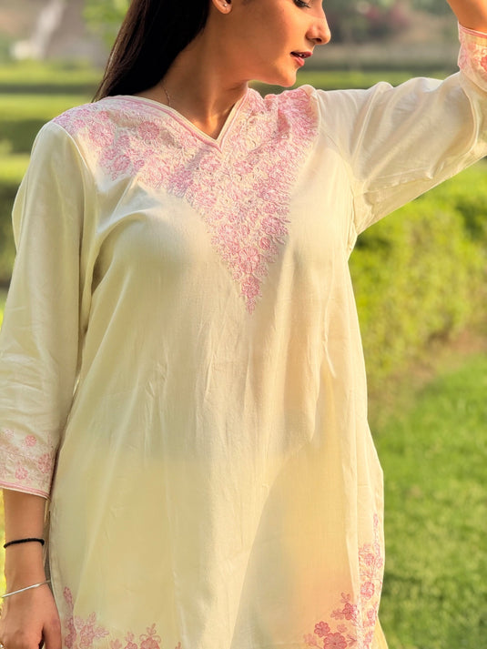 Pink Aari hand embroidery on cream -  Cotton coord set
