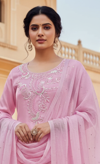 Pretty pink Aari beads hand Embroidery Suit