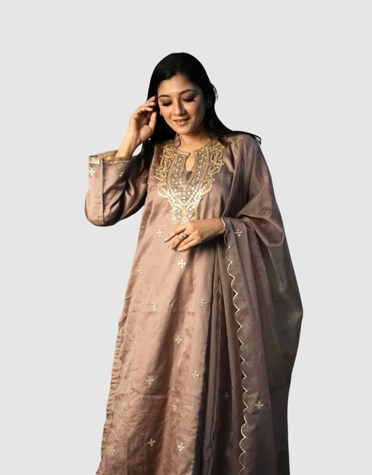 Women’s Mauve Aari Zari Embroidered Suit with Dupatta