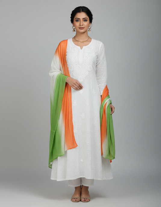 Chikankari mulmul white kurti trousre set with Tiranga dupatta