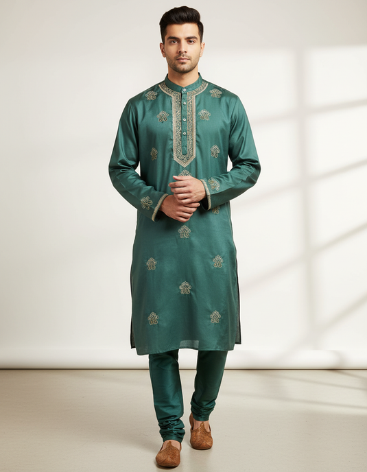 Dark Green Men's Co ord set hand Embroidered with beads Aari work