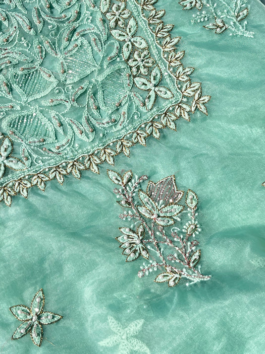 Elegant  turquoise green aari chikankari hand Embroidery Suit Ready to ship