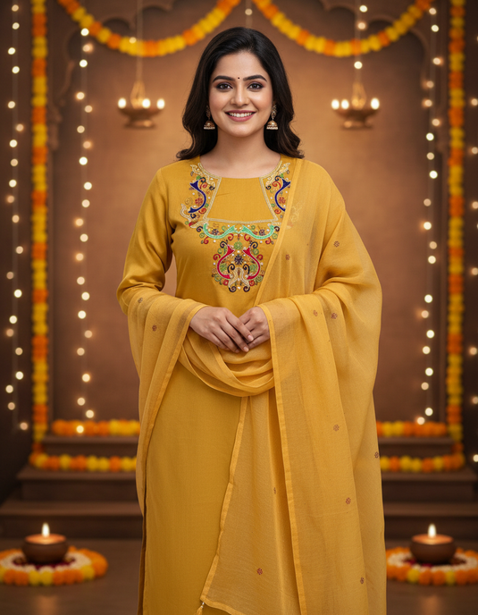 Elegant Mustered chiffon silk Aari beads hand Embroidery Suit