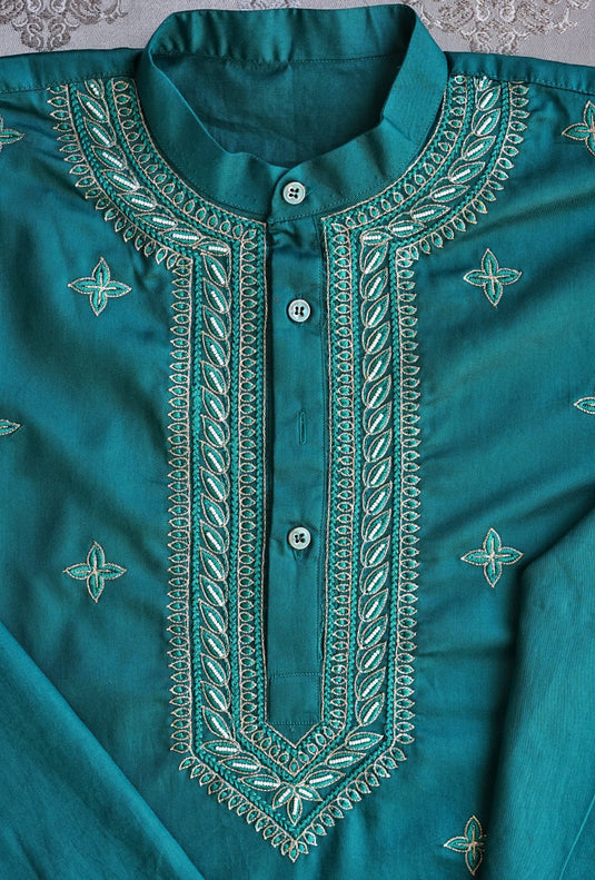 Torquise Men's Co ord set hand Embroidered with beads Aari work