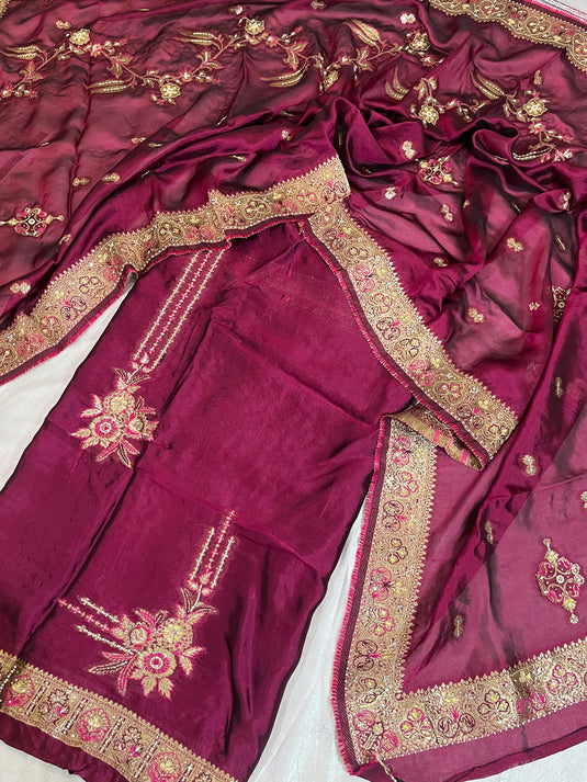 Banarsi pada silk set with zari hand embroidery - Ready to ship