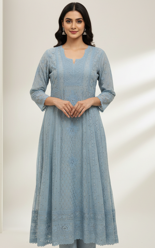 Chikankari and Aari hand embroidered Anarkali - Similar available