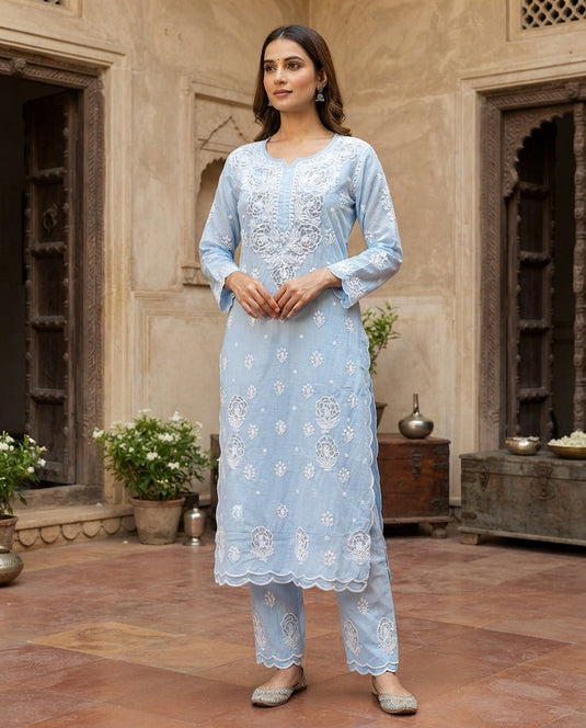 Muslin chikankari kurti plazo dupatta set : Ready to ship