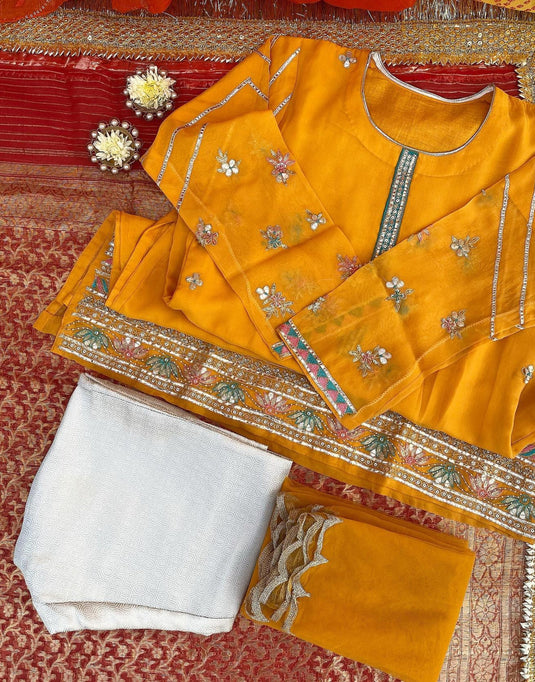 Mustard Yellow Embroidered Three-Piece Set– Haldi Look