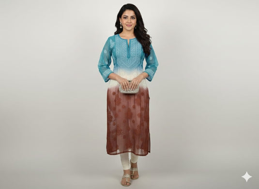Chikankari multicolor organza long kurti  - similar available                       Ready to Ship