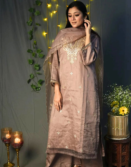 Women’s Mauve Aari Zari Embroidered Suit with Dupatta