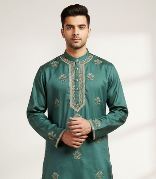 Dark Green Men's Co ord set hand Embroidered with beads Aari work