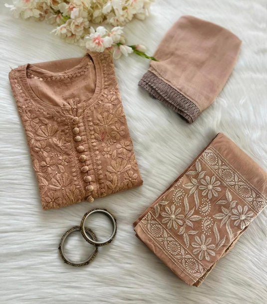 Chikankari Cotton Kurti Pant with dupatta