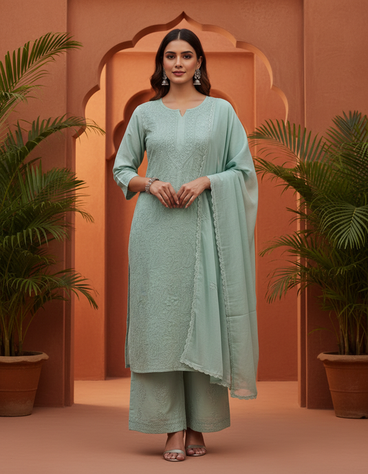 Muslin chikankari Kurta Plazzo set  - similar available                  Ready to Ship