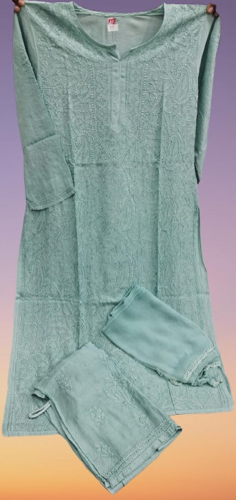 Muslin chikankari Kurta Plazzo set  - similar available                  Ready to Ship