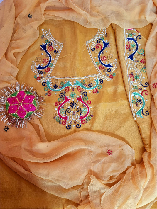 Elegant Mustered chiffon silk Aari beads hand Embroidery Suit