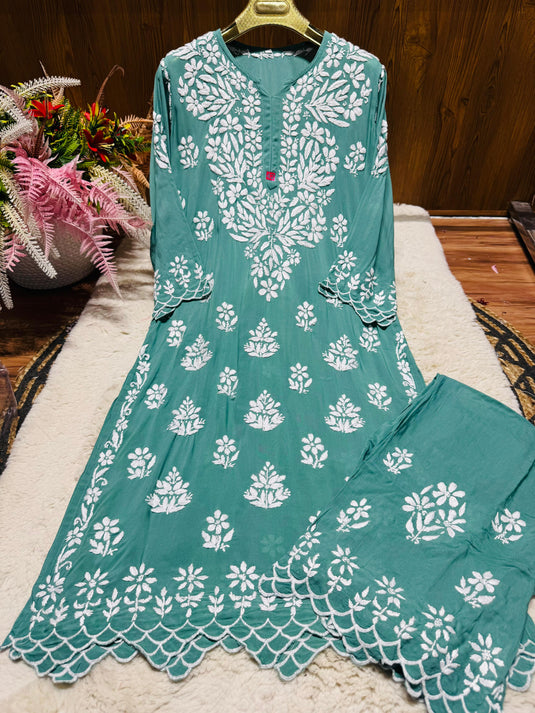 Heavy work cutwork Mudal Chikankari plazo set - Ready to ship - Similar available