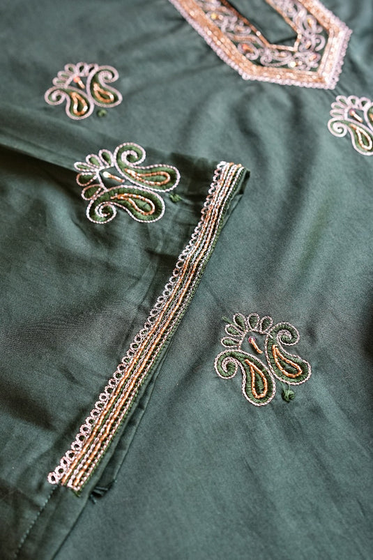 Dark Green Men's Co ord set hand Embroidered with beads Aari work