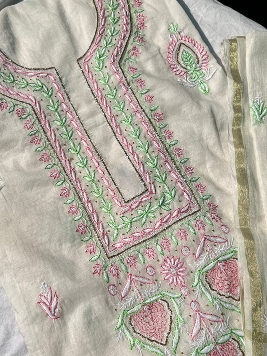 Elegant cream aari chikankari hand Embroidery Suit    Ready to ship