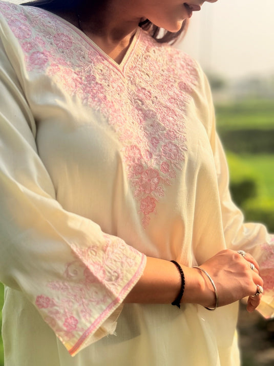 Pink Aari hand embroidery on cream -  Cotton coord set
