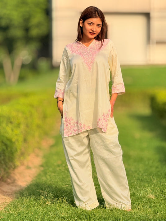 Pink Aari hand embroidery on cream -  Cotton coord set