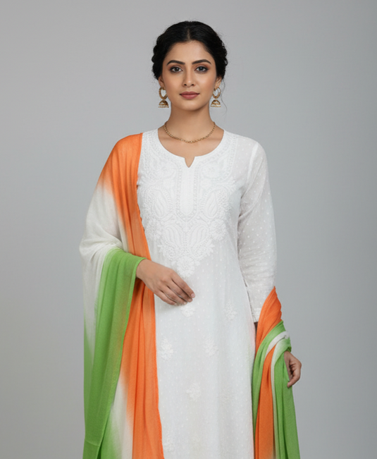 Chikankari mulmul white kurti trousre set with Tiranga dupatta