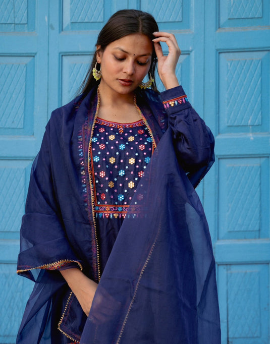 Navy Blue Hand-Embroidered Suit with Dupatta