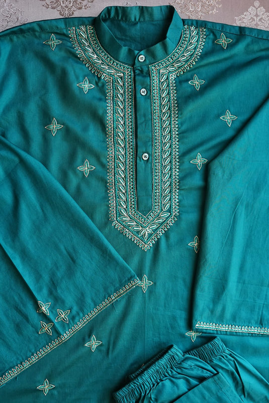 Torquise Men's Co ord set hand Embroidered with beads Aari work