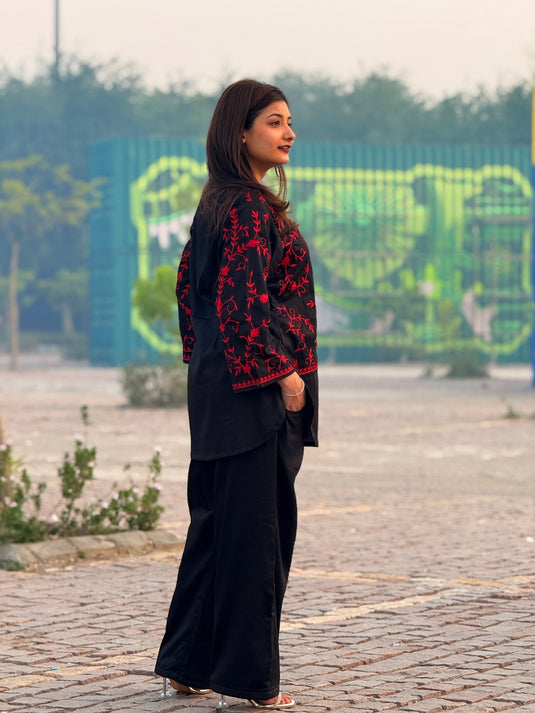 Red on black - Hand embroidery Cotton coord set